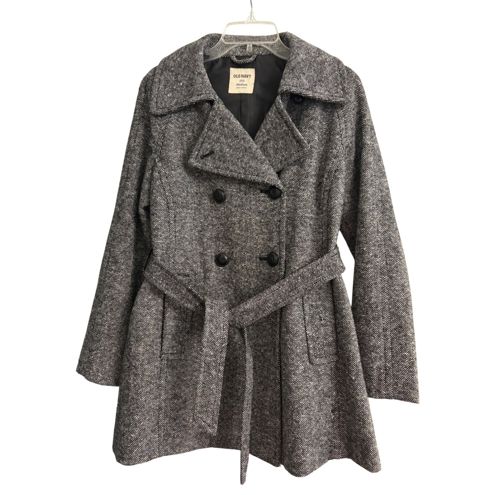 Old Navy Pea Coat Medium Black White Tweed Winter Classic Wool Professional